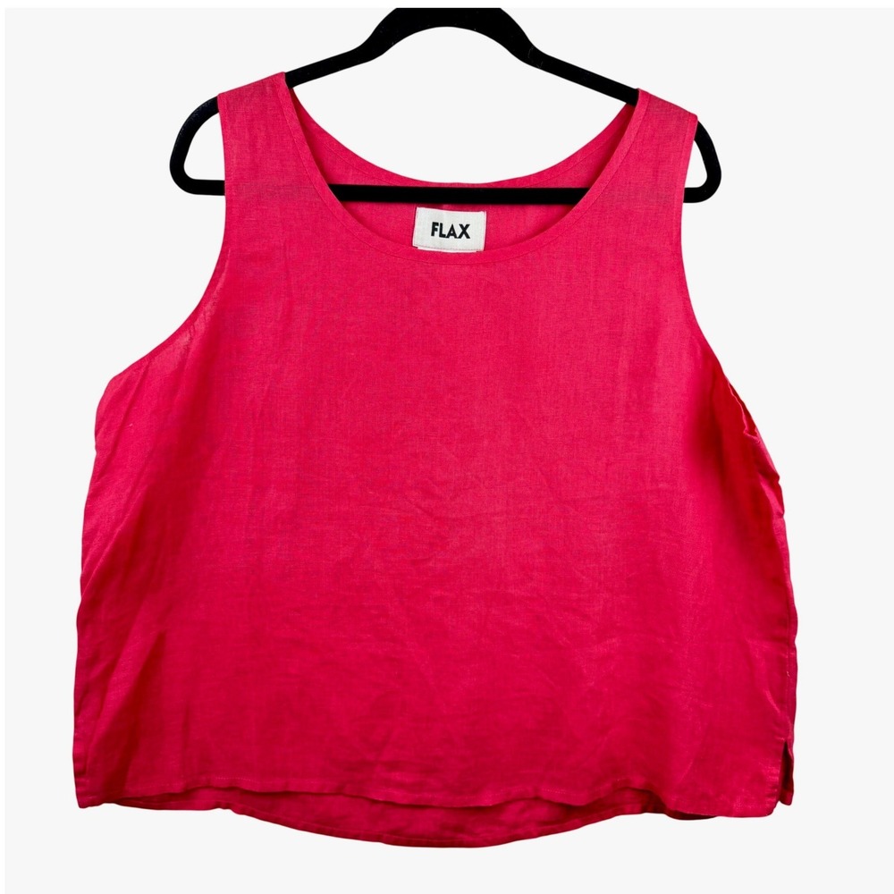 FLAX Linen Tank Top Women Large Pink Coral Sleeveless Scoop Neck Boxy Lagenlook - Picture 2 of 8
